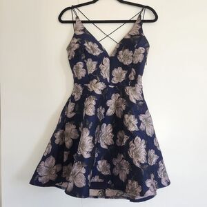 Lulus Night Bloom Floral Jacquard Fit Flare Dress M Navy Metallic NWT